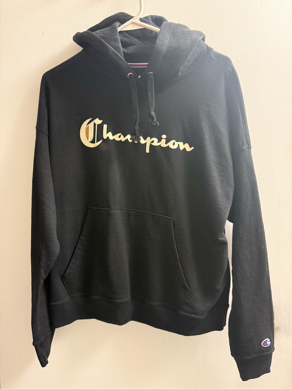 Champion Black Hoodie with Cream Script Logo